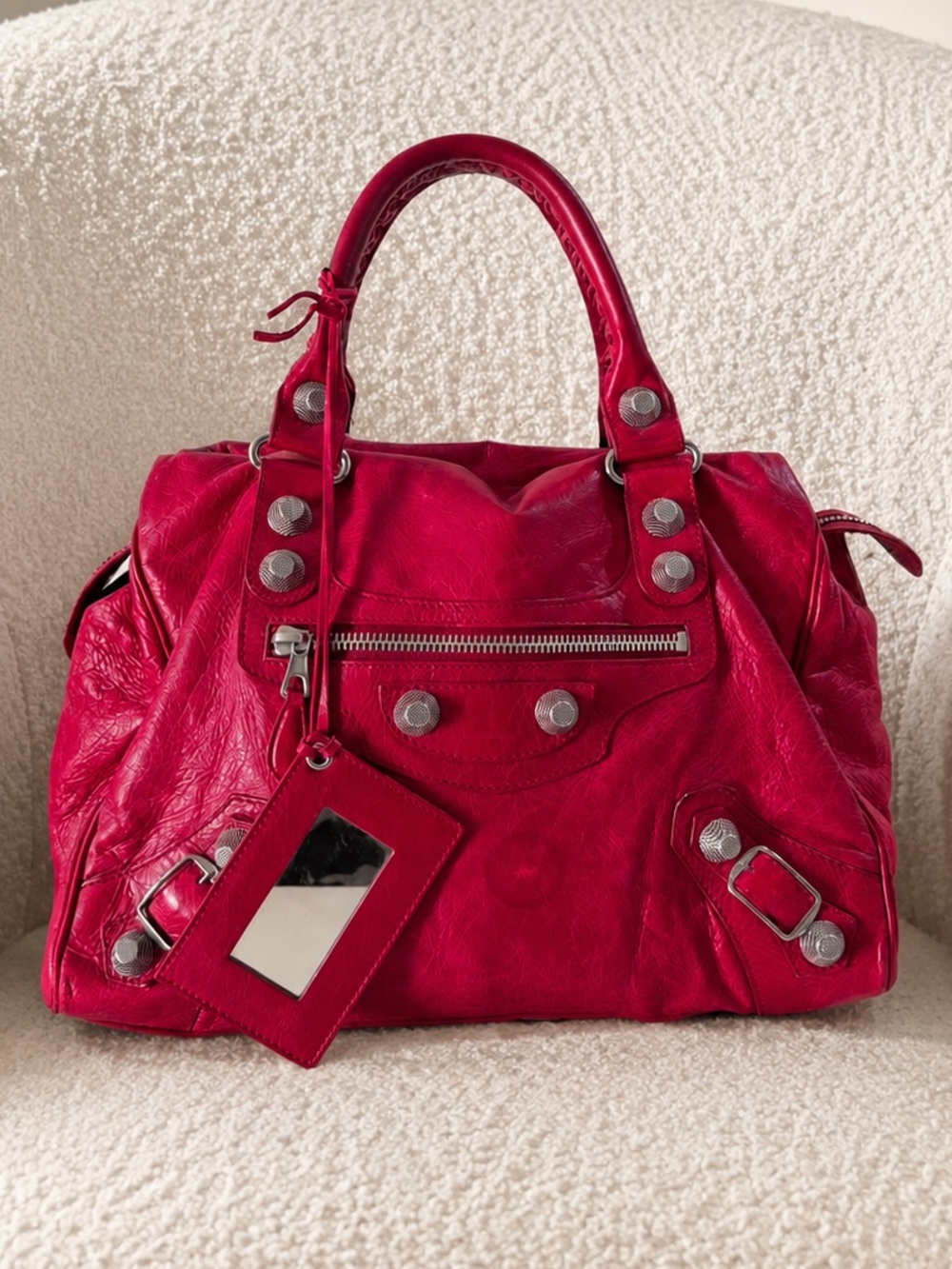 Balenciaga 2009 Ruby Red Lambskin Giant 21 Silver Midday Moto Bag